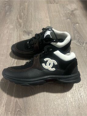 CHANEL Black, White & Brown Logo Sneakers